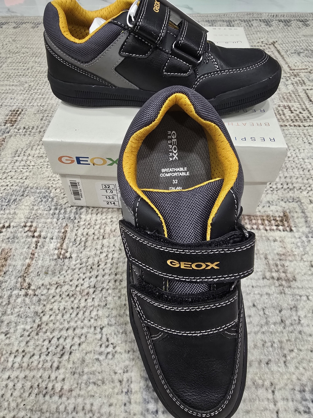 NEW Geox Black and Yellow Kids Velcro Sneakers
